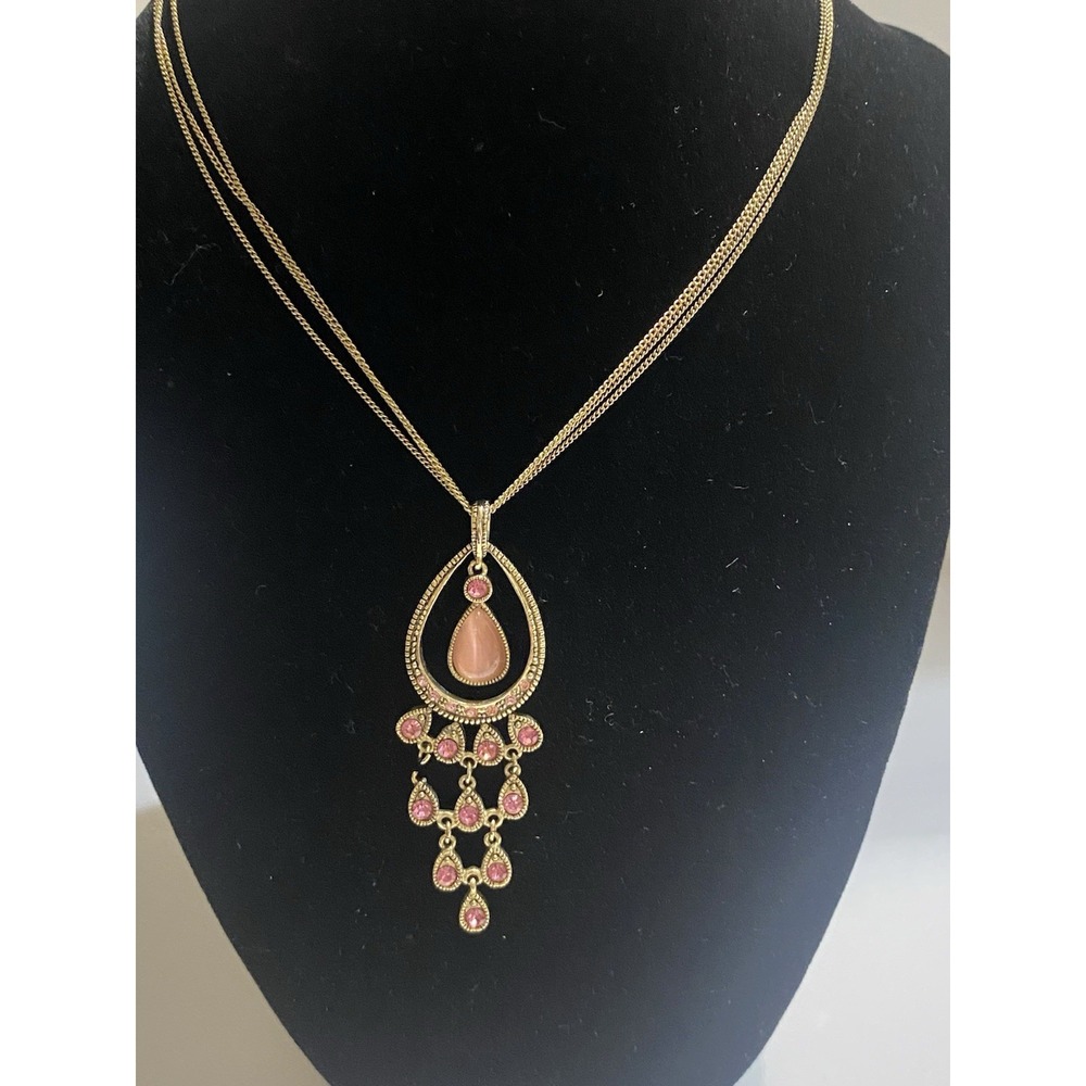 Vintage Gold Tone Chandelier Pink Rhinestone Necklace With  Pink Cat's Eye